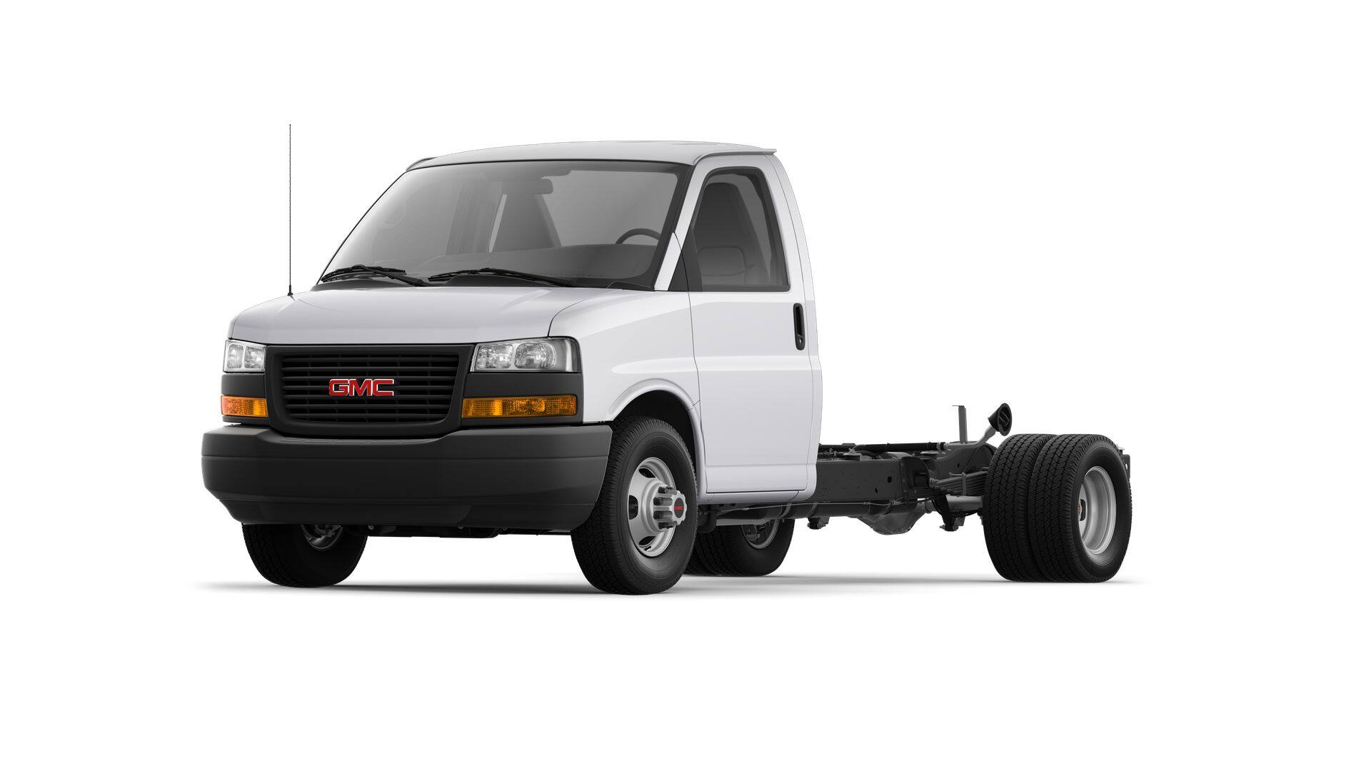 2024 GMC Savana Cutaway 3500 1WT in Summit White — front three-quarter view